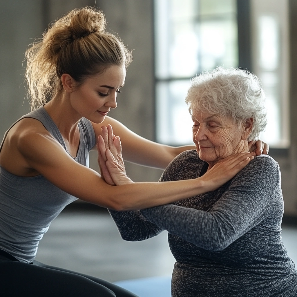 Інструктор допомагає літній жінці виконувати асану