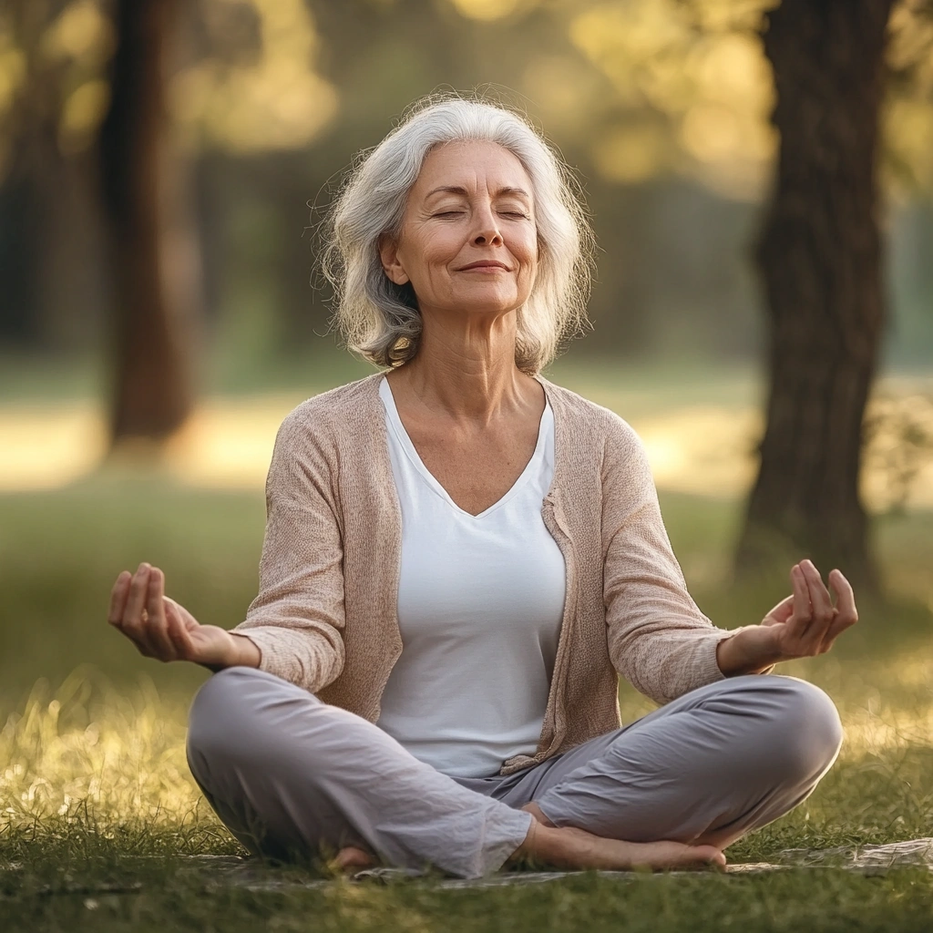 Старша жінка практикує йогу в парку